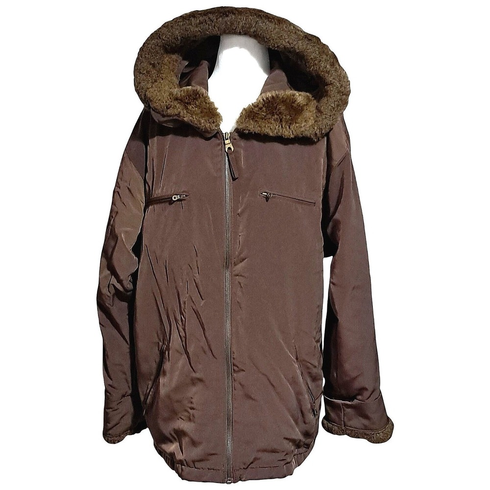 Towne by London Fog‎ Jacket Women Medium Brown Faux Fur Trim Hooded Parka Coat